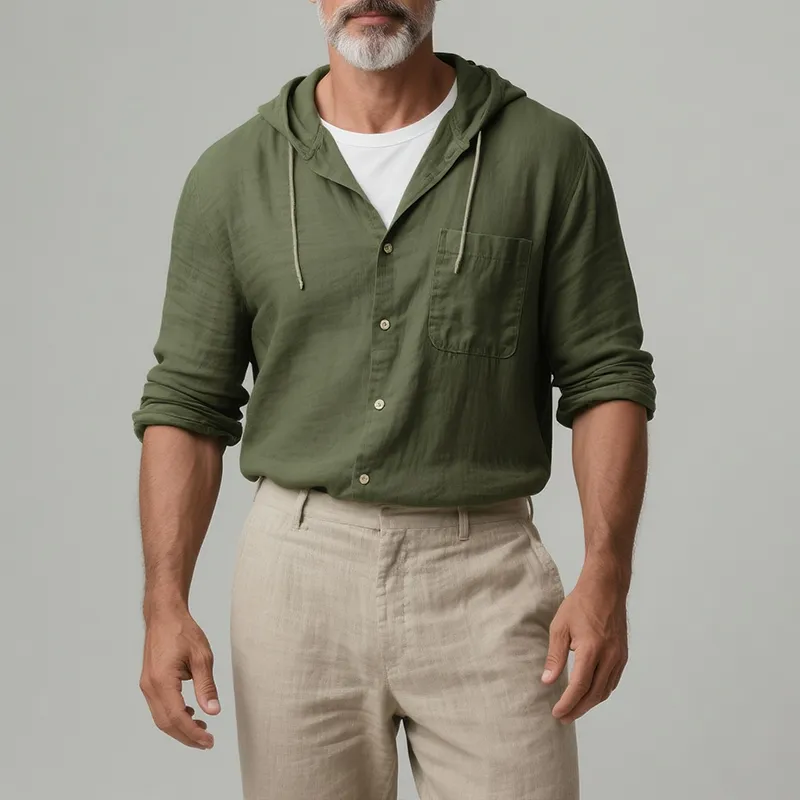 Men's Retro Casual Solid Color Linen Hooded Long Sleeve Shirt MTA2774F1TO sold by Manly product image thumbnail 3