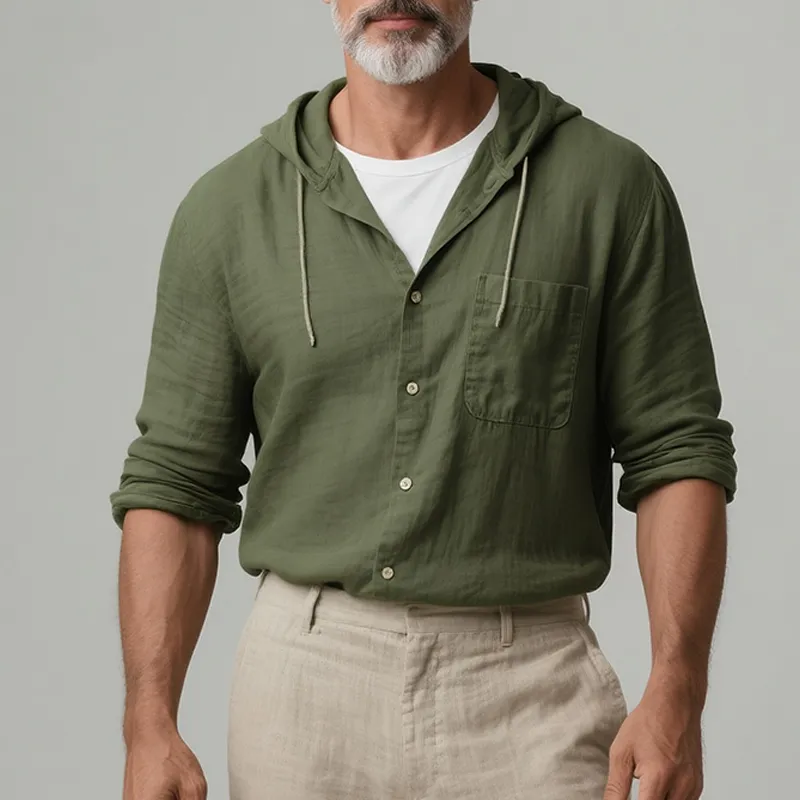 Men's Retro Casual Solid Color Linen Hooded Long Sleeve Shirt MTA2774F1TO sold by Manly product image thumbnail 2