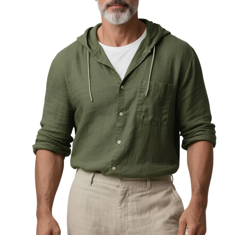 Men's Retro Casual Solid Color Linen Hooded Long Sleeve Shirt MTA2774F1TO sold by Manly