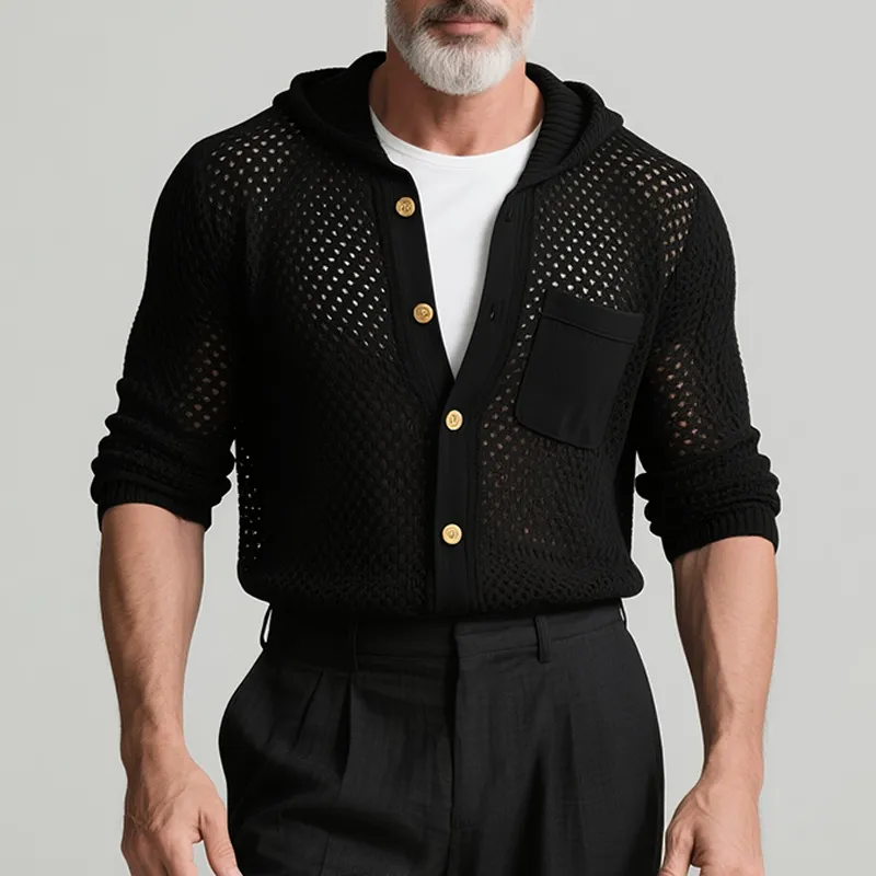 Men's Retro Casual Solid Color Knitted Hollow Hooded Long Sleeve Shirt MTA2707F9TO sold by Manly product image thumbnail 2