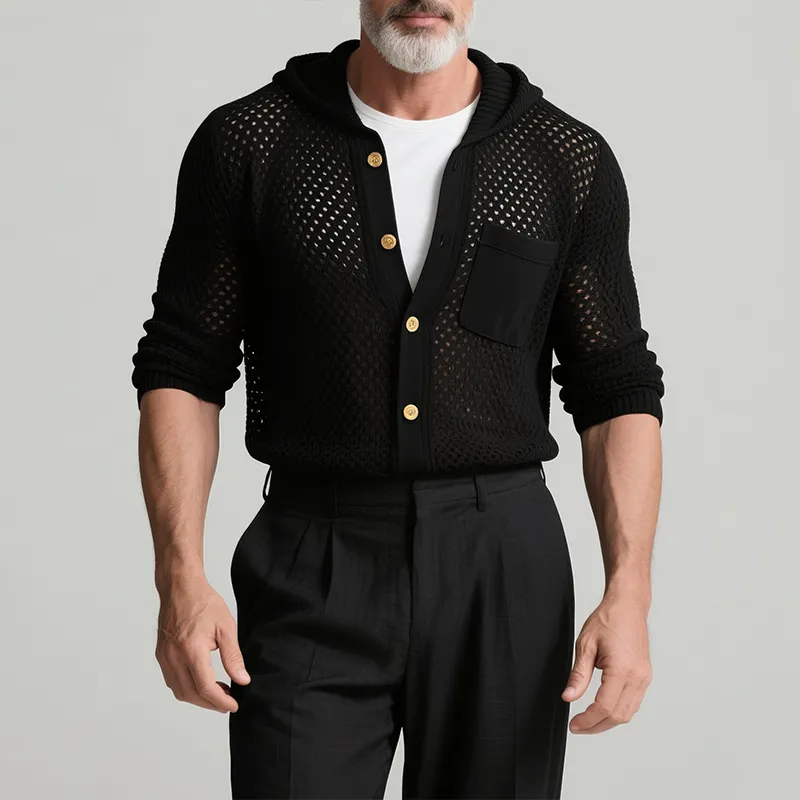 Men's Retro Casual Solid Color Knitted Hollow Hooded Long Sleeve Shirt MTA2707F9TO sold by Manly product image thumbnail 3