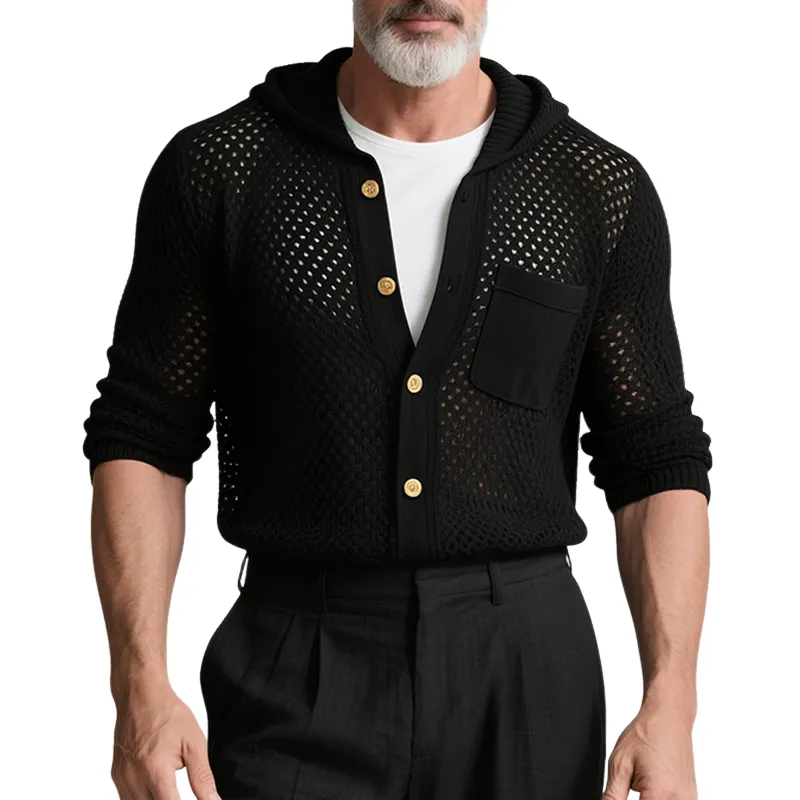 Men's Retro Casual Solid Color Knitted Hollow Hooded Long Sleeve Shirt MTA2707F9TO sold by Manly