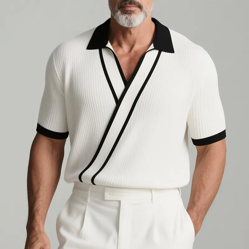 Men's Retro Casual Knitted Colorblock Lapel Short Sleeve Shirt MTA2778F8TO sold by Manly product image thumbnail 2
