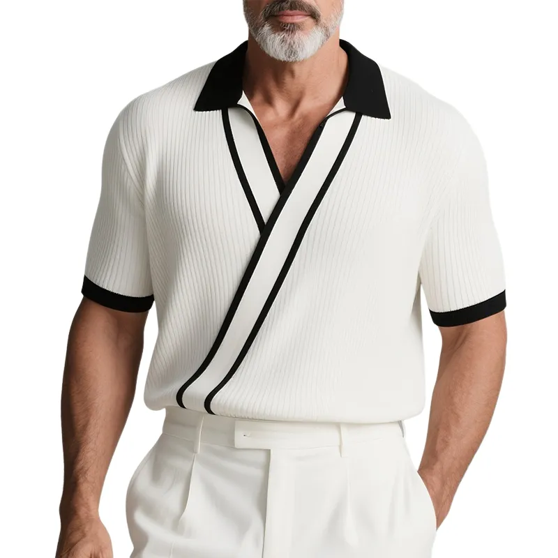 Men's Retro Casual Knitted Colorblock Lapel Short Sleeve Shirt MTA2778F8TO sold by Manly