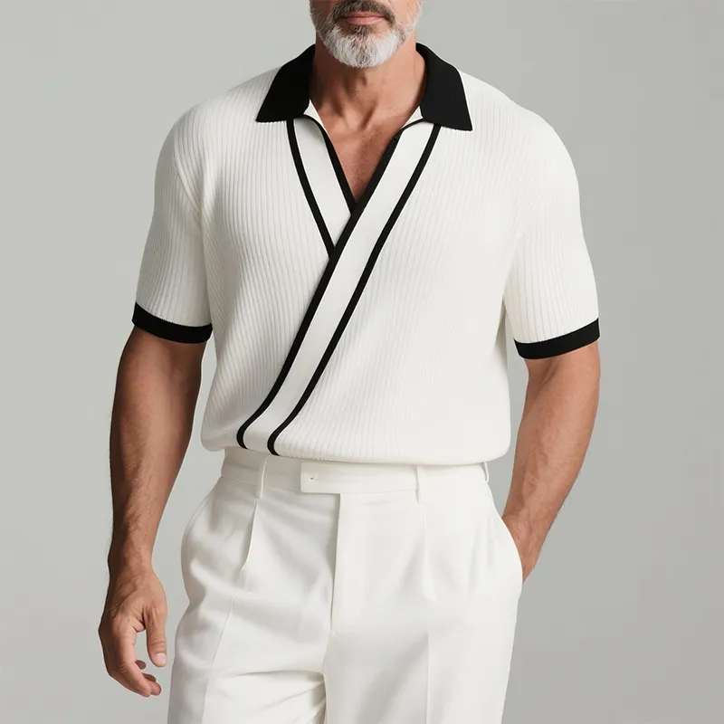 Men's Retro Casual Knitted Colorblock Lapel Short Sleeve Shirt MTA2778F8TO sold by Manly product image thumbnail 3