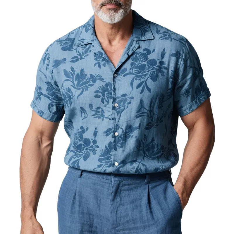 Men's Retro Casual Floral Print Linen Lapel Short Sleeve Shirt MTA2784F3TO sold by Manly