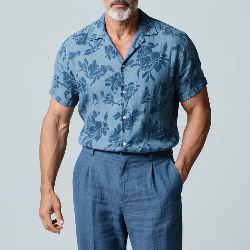 Men's Retro Casual Floral Print Linen Lapel Short Sleeve Shirt MTA2784F3TO sold by Manly product image thumbnail 3