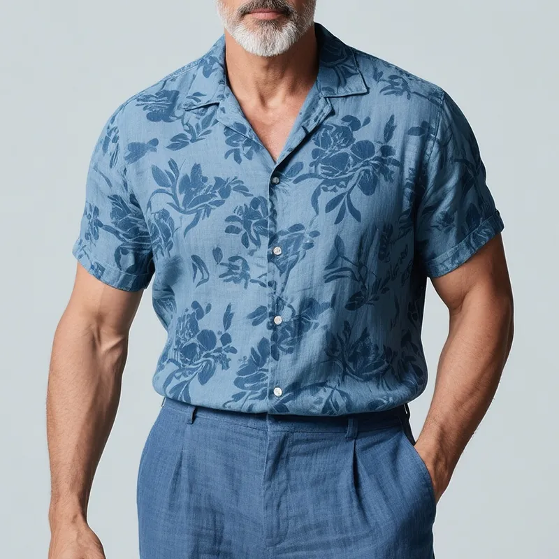 Men's Retro Casual Floral Print Linen Lapel Short Sleeve Shirt MTA2784F3TO sold by Manly product image thumbnail 2
