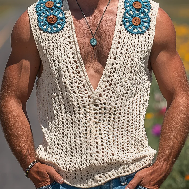 Men's Summer Fashion Casual Hollow Crochet Button Decoration Deep V Neck Knitted Tank Top MTA2793F9K sold by Manly product image thumbnail 5
