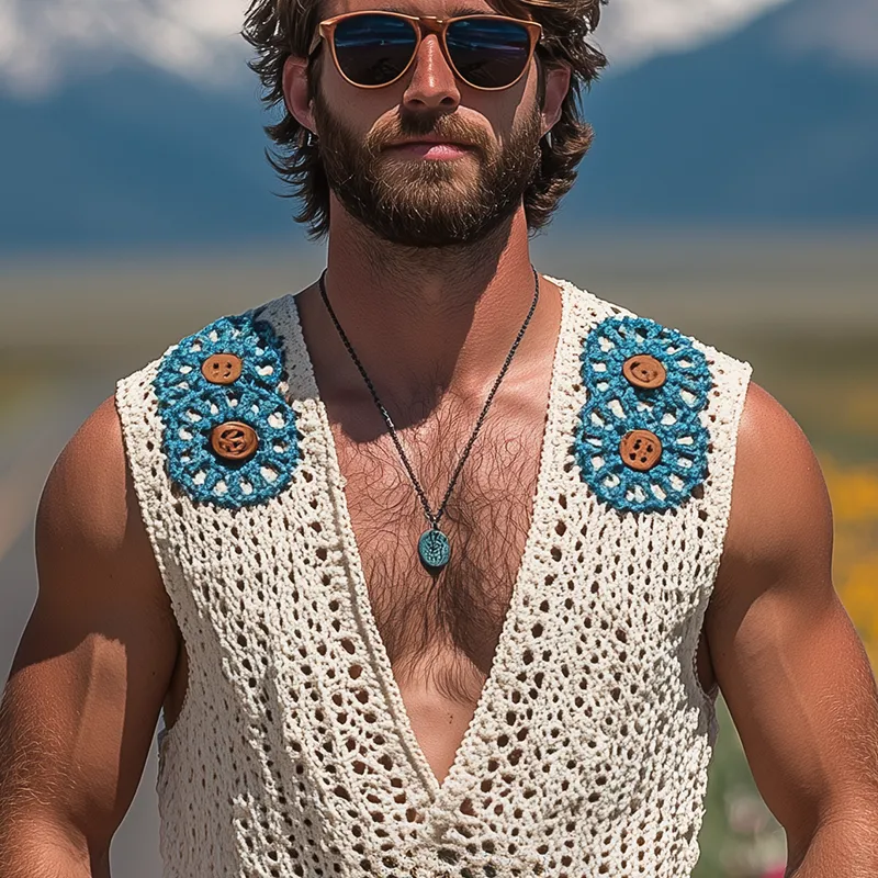 Men's Summer Fashion Casual Hollow Crochet Button Decoration Deep V Neck Knitted Tank Top MTA2793F9K sold by Manly product image thumbnail 4