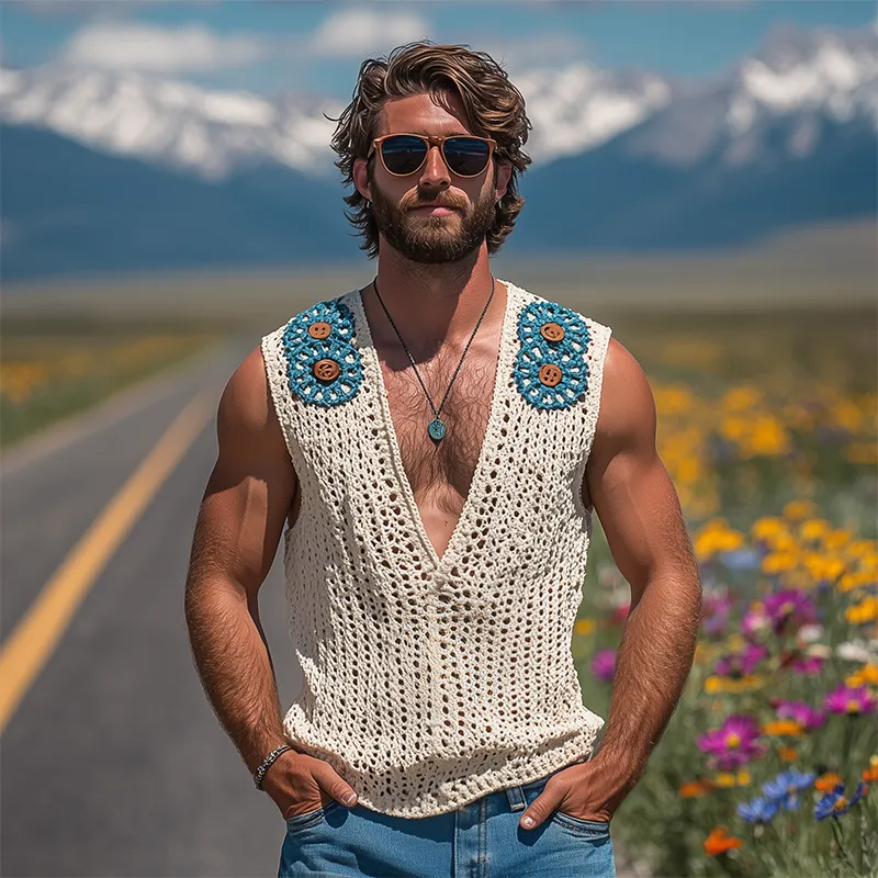 Men's Summer Fashion Casual Hollow Crochet Button Decoration Deep V Neck Knitted Tank Top MTA2793F9K sold by Manly product image thumbnail 3