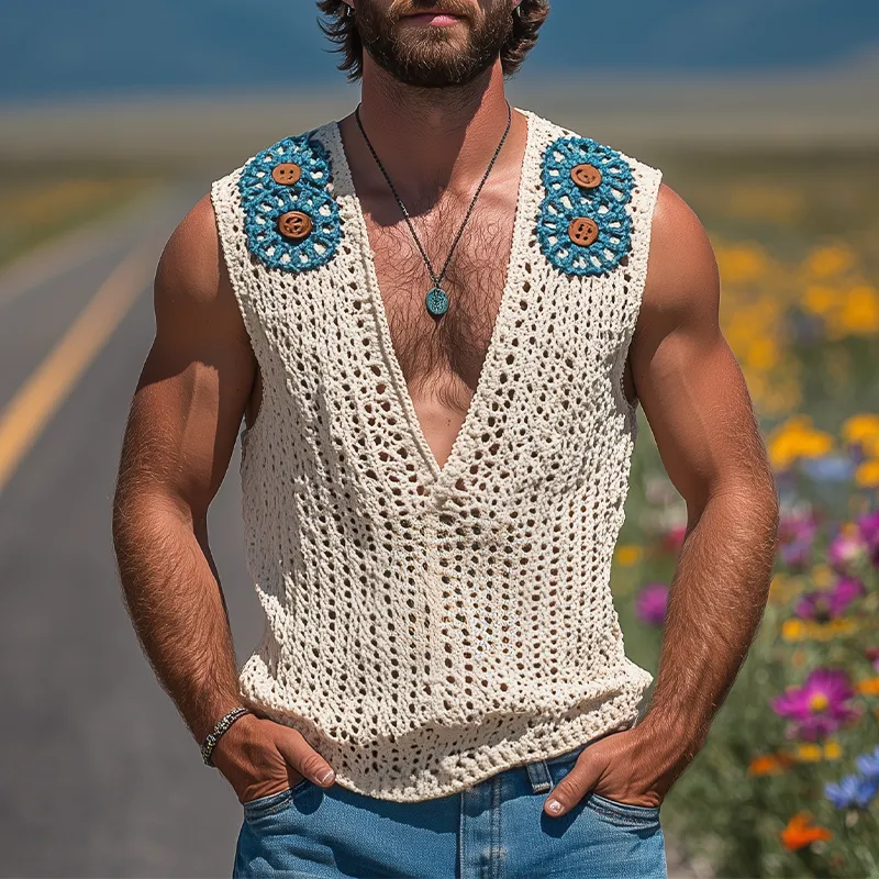 Men's Summer Fashion Casual Hollow Crochet Button Decoration Deep V Neck Knitted Tank Top MTA2793F9K sold by Manly product image thumbnail 2
