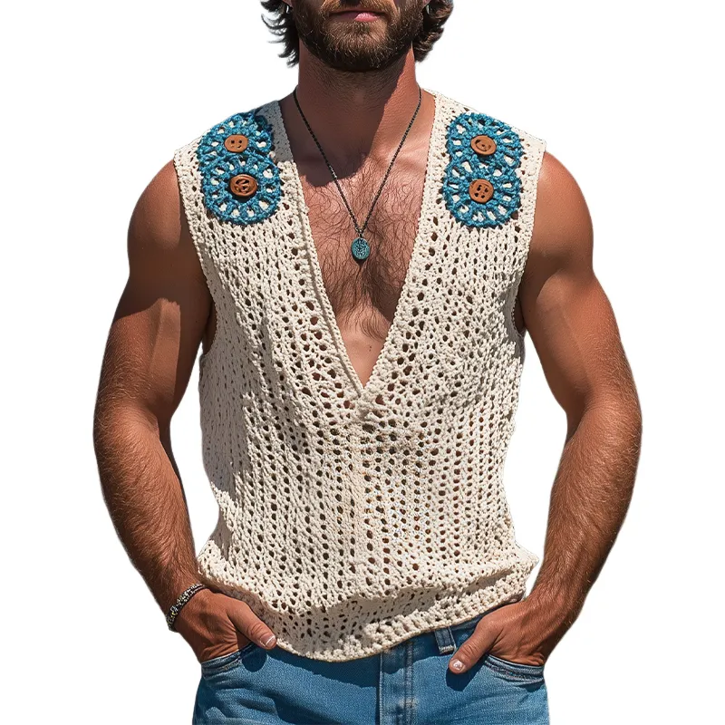 Men's Summer Fashion Casual Hollow Crochet Button Decoration Deep V Neck Knitted Tank Top MTA2793F9K sold by Manly