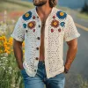 Men's Summer Fashion Casual Hollow Crochet Flower Stand Collar Knitted Short-sleeved Shirt MTA2798F1K sold by Manly