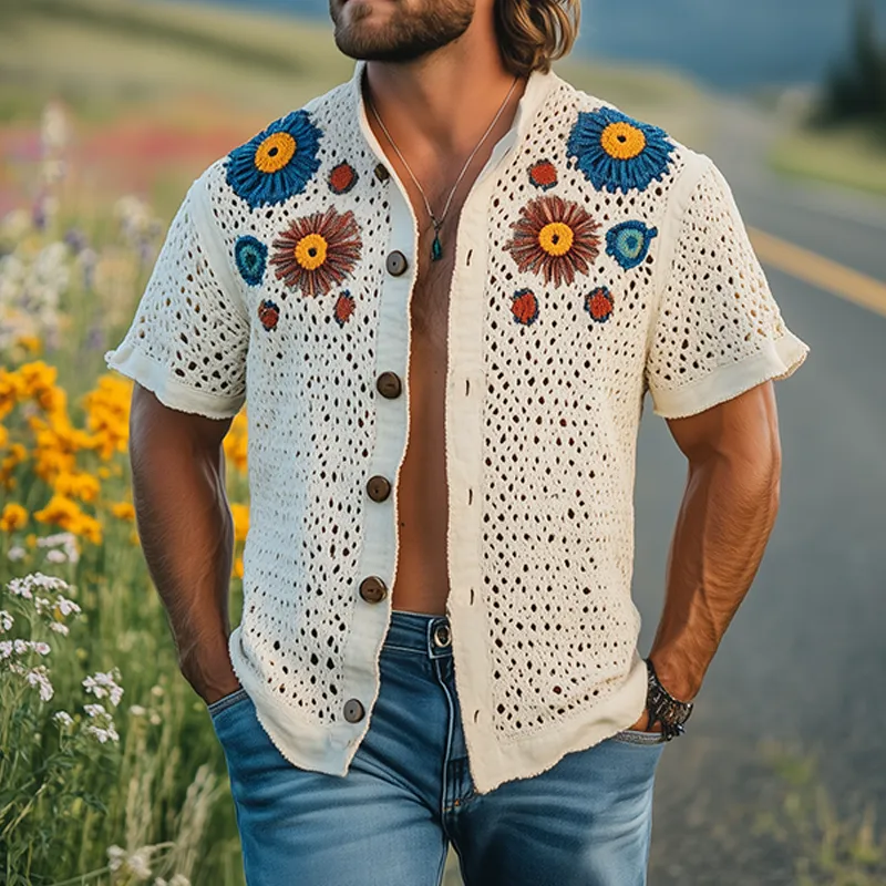 Men's Summer Fashion Casual Hollow Crochet Flower Stand Collar Knitted Short-sleeved Shirt MTA2798F1K sold by Manly product image thumbnail 2