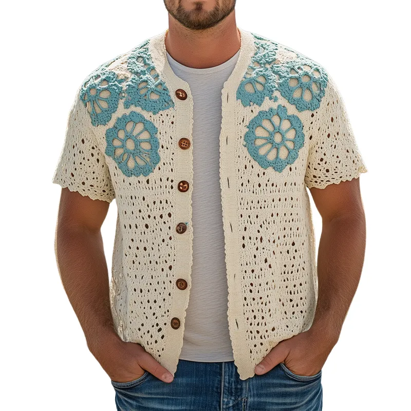 Men's Summer Fashion Casual Hollow Crochet Flower Knitted Short Sleeve Shirt MTA2768F3K sold by Manly