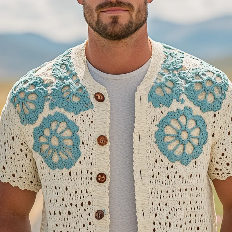 Men's Summer Fashion Casual Hollow Crochet Flower Knitted Short Sleeve Shirt MTA2768F3K sold by Manly product image thumbnail 4