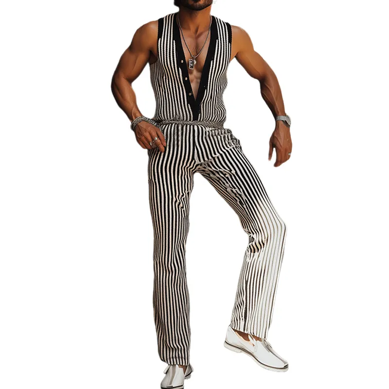 Men's Spring And Summer Fashion Casual Black And White Vertical Striped Knitted Vest Jumpsuit (Without Belt) MTA2613F4K sold by Manly