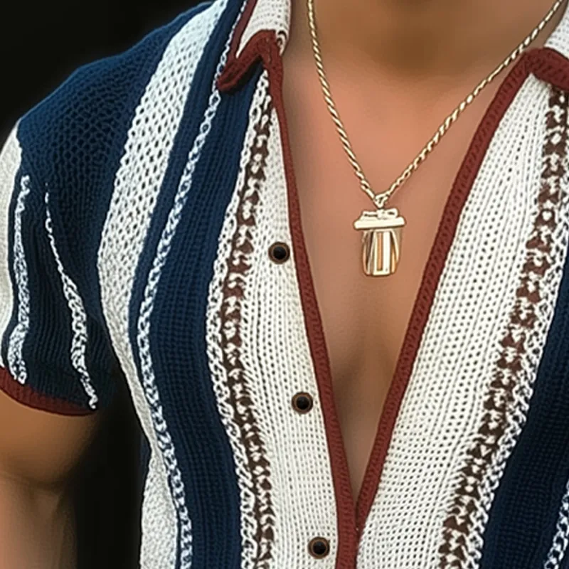 Men's Summer Classic Vertical Striped Color Block Knitted Short-sleeved Shirt MTA2758F5U sold by Manly product image thumbnail 3