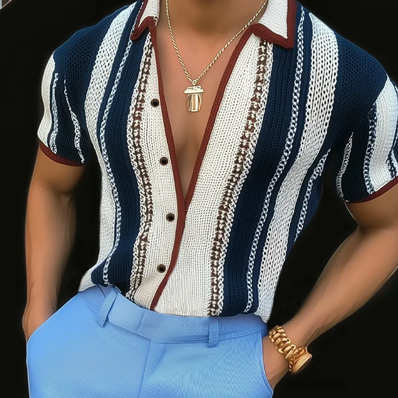 Men's Summer Classic Vertical Striped Color Block Knitted Short-sleeved Shirt MTA2758F5U sold by Manly product image thumbnail 2