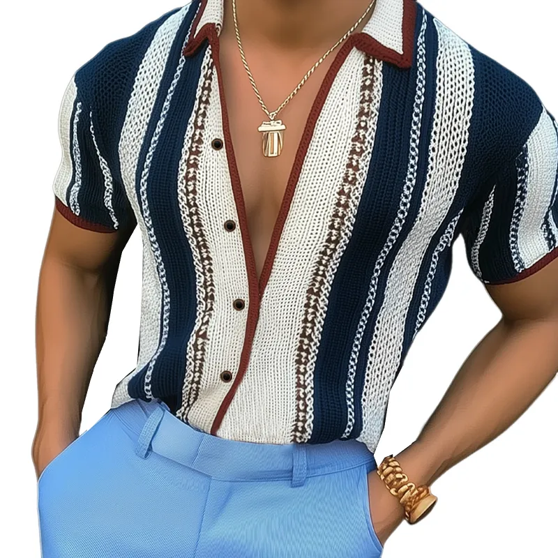 Men's Summer Classic Vertical Striped Color Block Knitted Short-sleeved Shirt MTA2758F5U sold by Manly