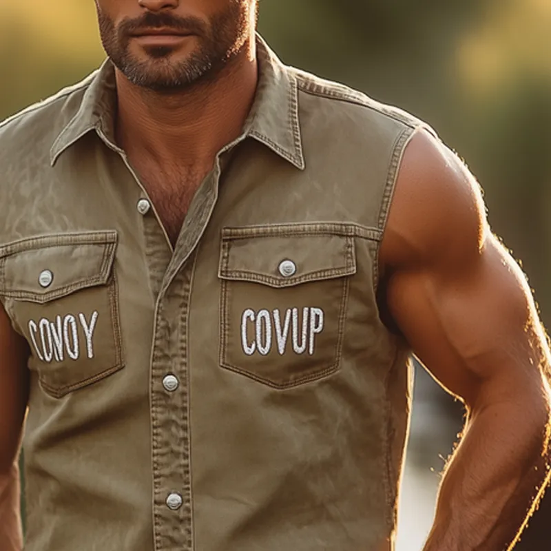 Men's Western Style Letter Embroidered Denim Sleeveless Shirt MTA2600F8U sold by Manly product image thumbnail 4