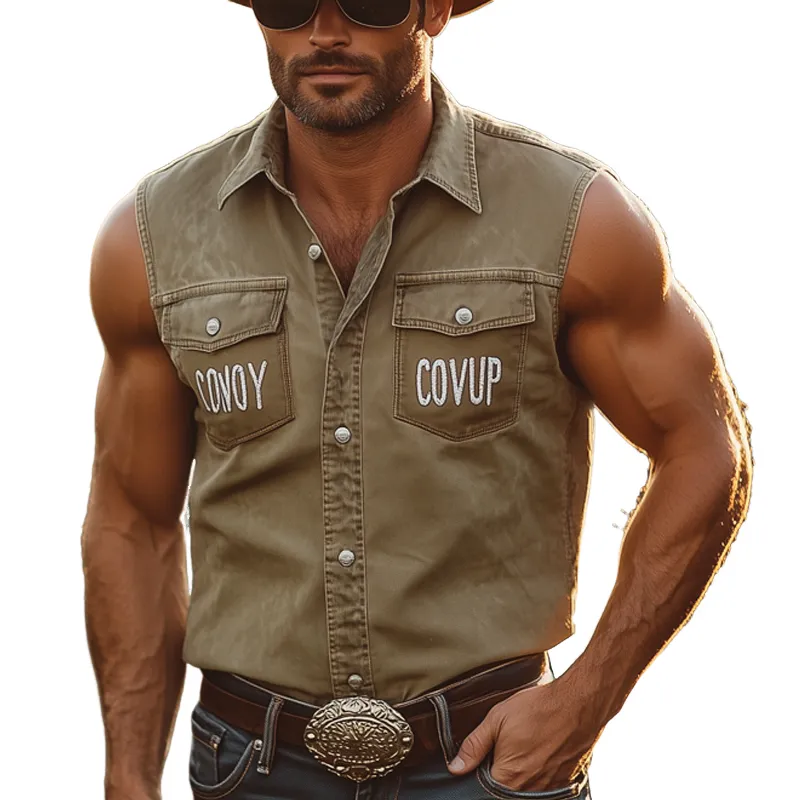 Men's Western Style Letter Embroidered Denim Sleeveless Shirt MTA2600F8U sold by Manly