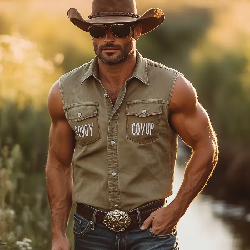 Men's Western Style Letter Embroidered Denim Sleeveless Shirt MTA2600F8U sold by Manly product image thumbnail 3