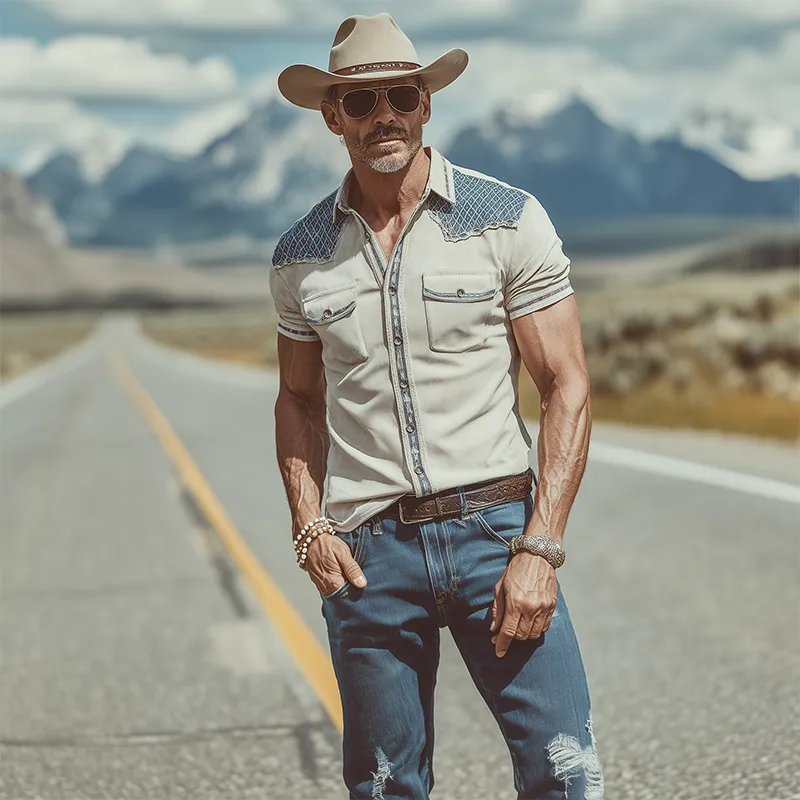 Men's Spring And Summer Fashion Casual Suede Splicing Ribbon Slim Short Sleeve Shirt MTA2132F0K sold by Manly product image thumbnail 3