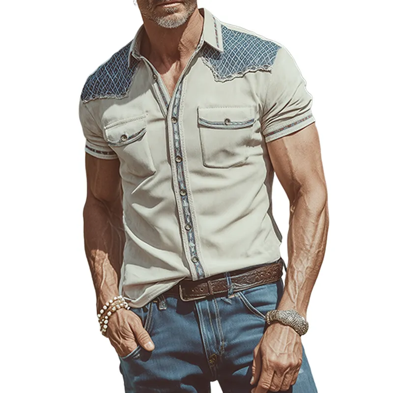 Men's Spring And Summer Fashion Casual Suede Splicing Ribbon Slim Short Sleeve Shirt MTA2132F0K sold by Manly
