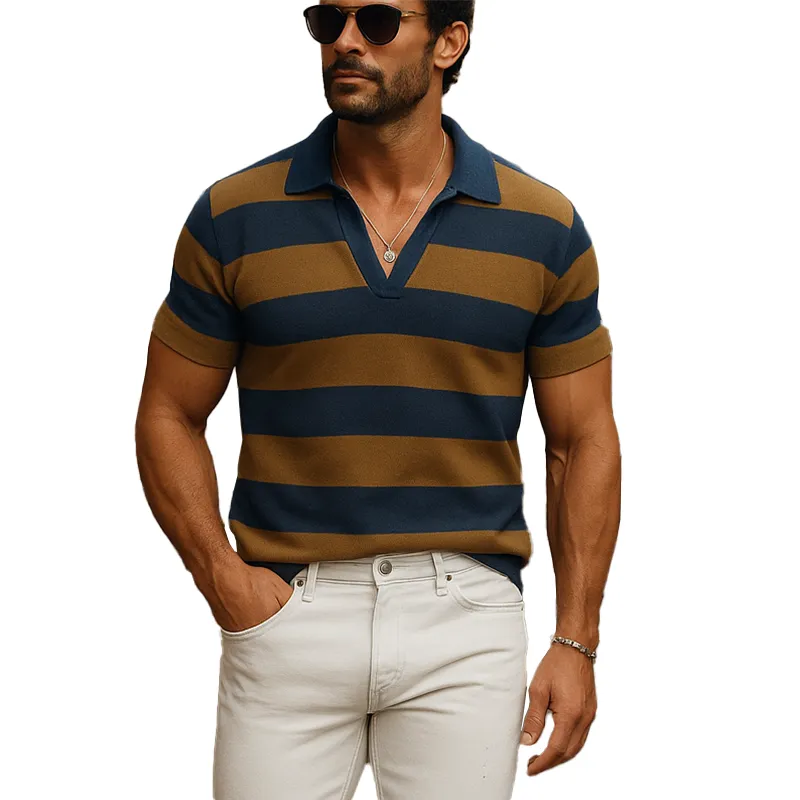 Men's Summer Cool Silk Knitted Striped Short-sleeved Polo Shirt MTA0435F1P sold by Manly