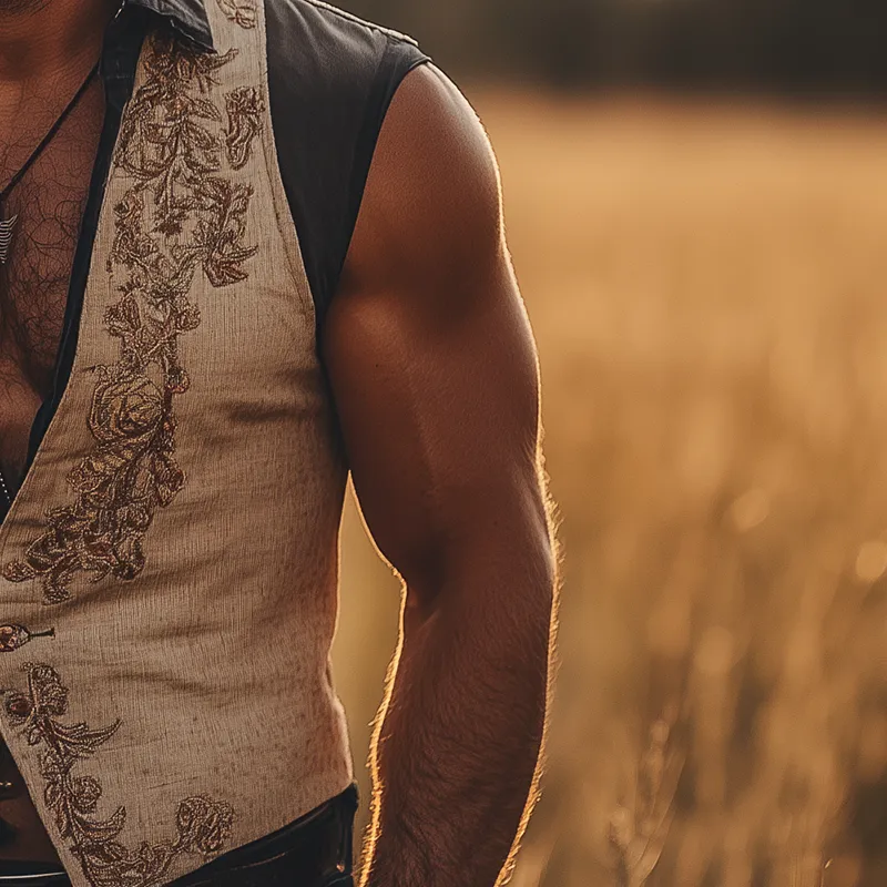 Men's Summer Fashion Fake Two Piece Embroidery Slub Linen Sleeveless Vest MTA3028F9P sold by Manly product image thumbnail 4