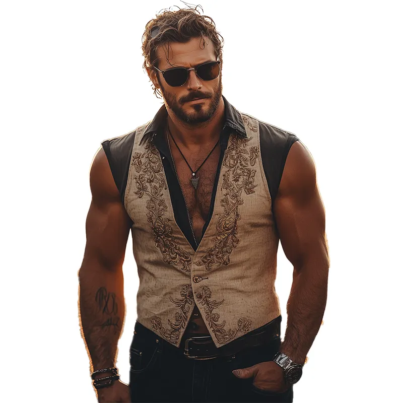 Men's Summer Fashion Fake Two Piece Embroidery Slub Linen Sleeveless Vest MTA3028F9P sold by Manly