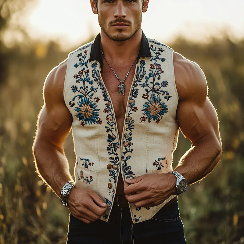 Men's Summer Fashion Embroidery Slub Linen Collared Sleeveless Vest MTA3086F2P sold by Manly product image thumbnail 2