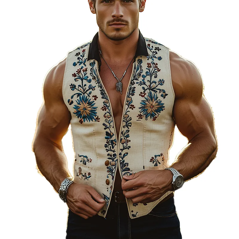Men's Summer Fashion Embroidery Slub Linen Collared Sleeveless Vest MTA3086F2P sold by Manly