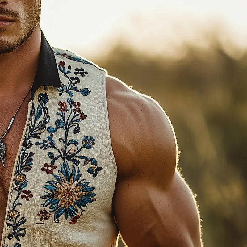 Men's Summer Fashion Embroidery Slub Linen Collared Sleeveless Vest MTA3086F2P sold by Manly product image thumbnail 4