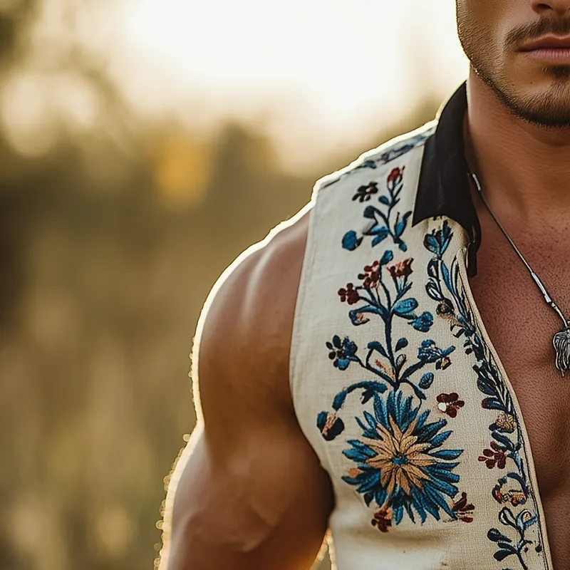 Men's Summer Fashion Embroidery Slub Linen Collared Sleeveless Vest MTA3086F2P sold by Manly product image thumbnail 3
