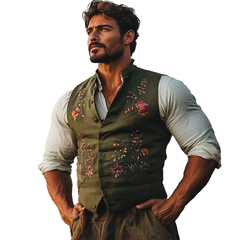 Men's Summer Fashion Embroidered Slub Linen Sleeveless Vest MTA3035F9P sold by Manly