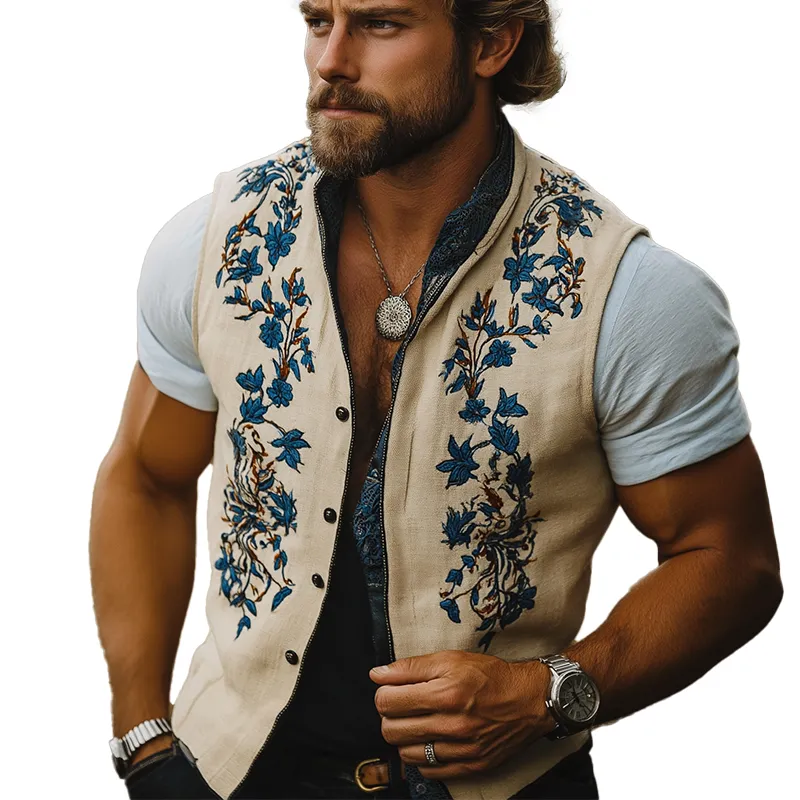 Men's Summer Fashion Embroidered Slub Linen Sleeveless Vest MTA3095F6P sold by Manly