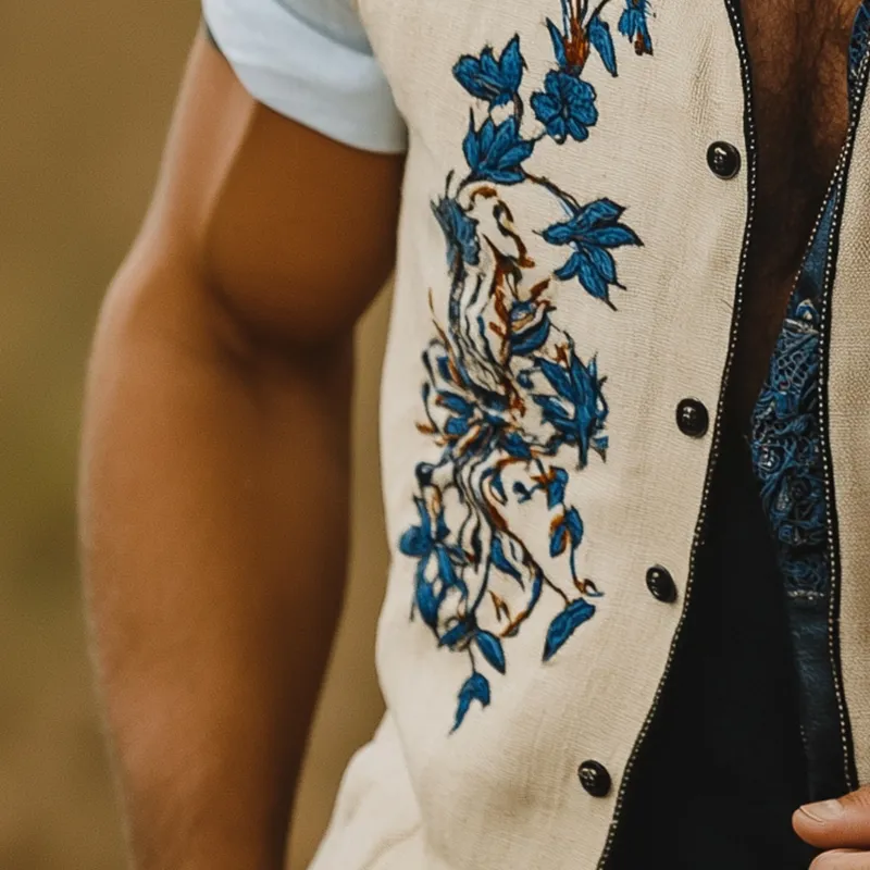 Men's Summer Fashion Embroidered Slub Linen Sleeveless Vest MTA3095F6P sold by Manly product image thumbnail 5