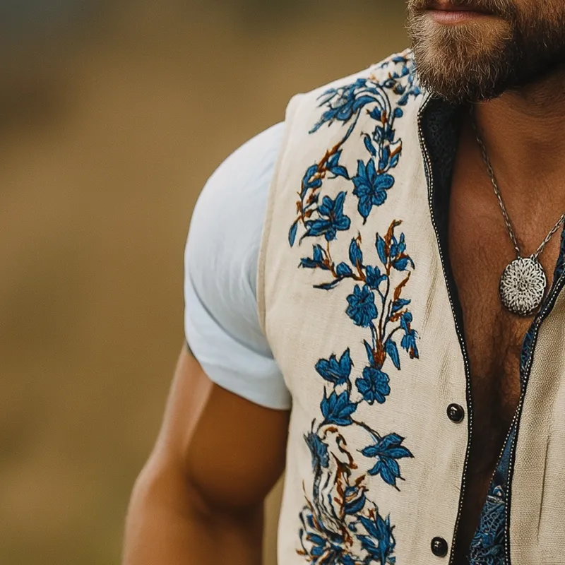 Men's Summer Fashion Embroidered Slub Linen Sleeveless Vest MTA3095F6P sold by Manly product image thumbnail 3