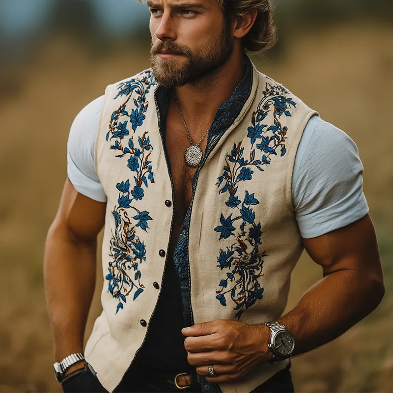 Men's Summer Fashion Embroidered Slub Linen Sleeveless Vest MTA3095F6P sold by Manly product image thumbnail 2
