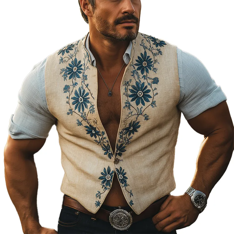 Men's Summer Fashion Embroidered Linen Blend Sleeveless Vest MTA3029F9P sold by Manly