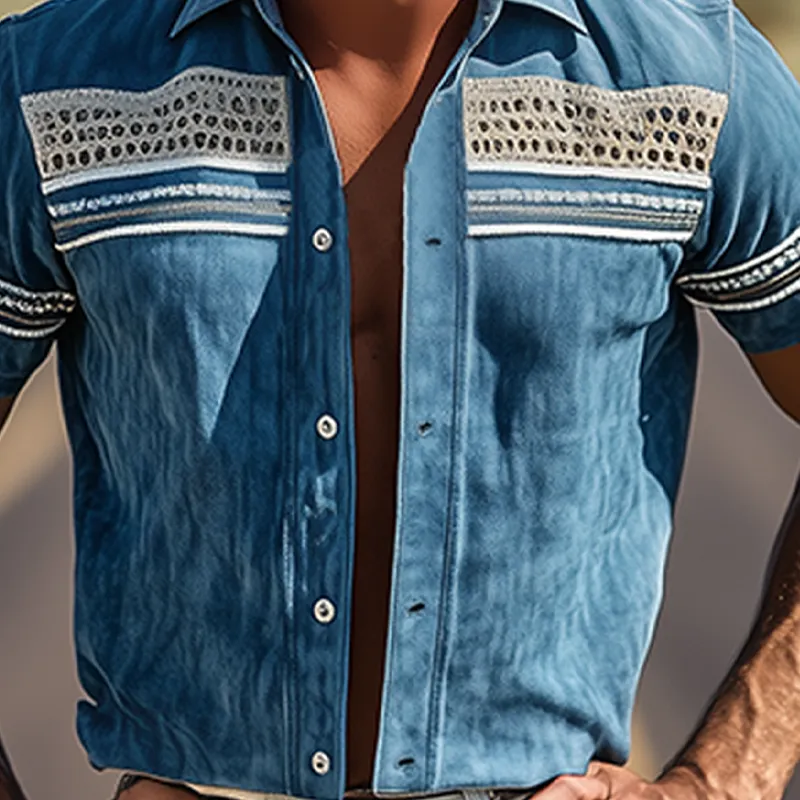 Men's Spring/Summer Suede Splicing Drop Mesh And Web Short Sleeve Shirt MTA3012F5K sold by Manly product image thumbnail 5