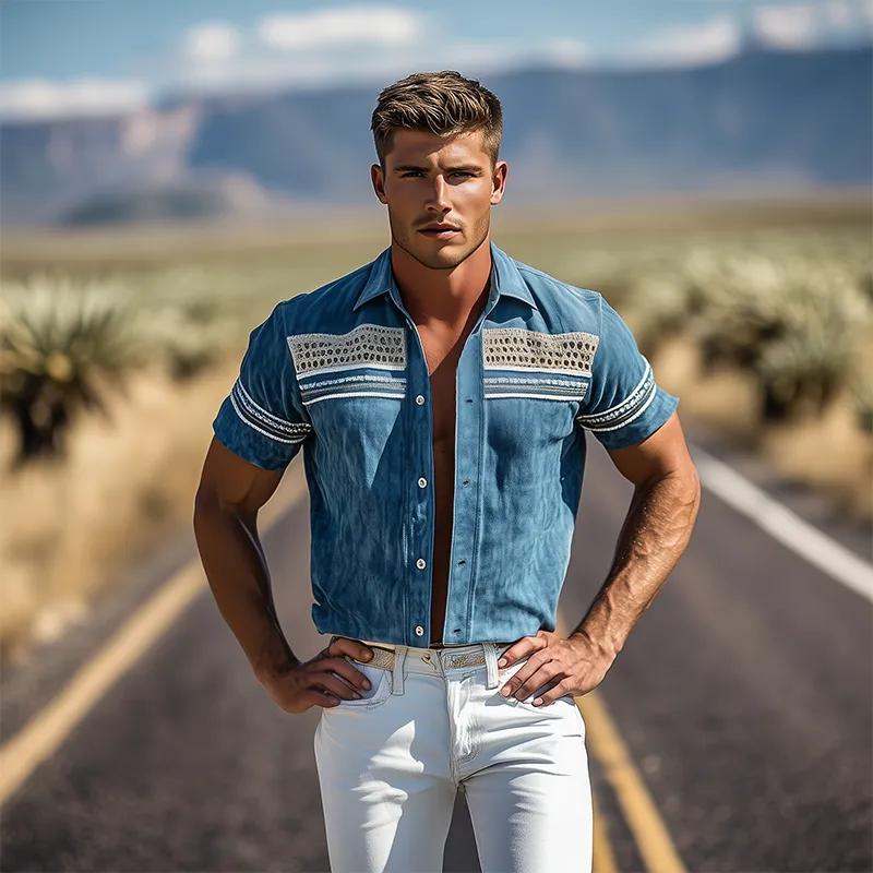 Men's Spring/Summer Suede Splicing Drop Mesh And Web Short Sleeve Shirt MTA3012F5K sold by Manly product image thumbnail 3