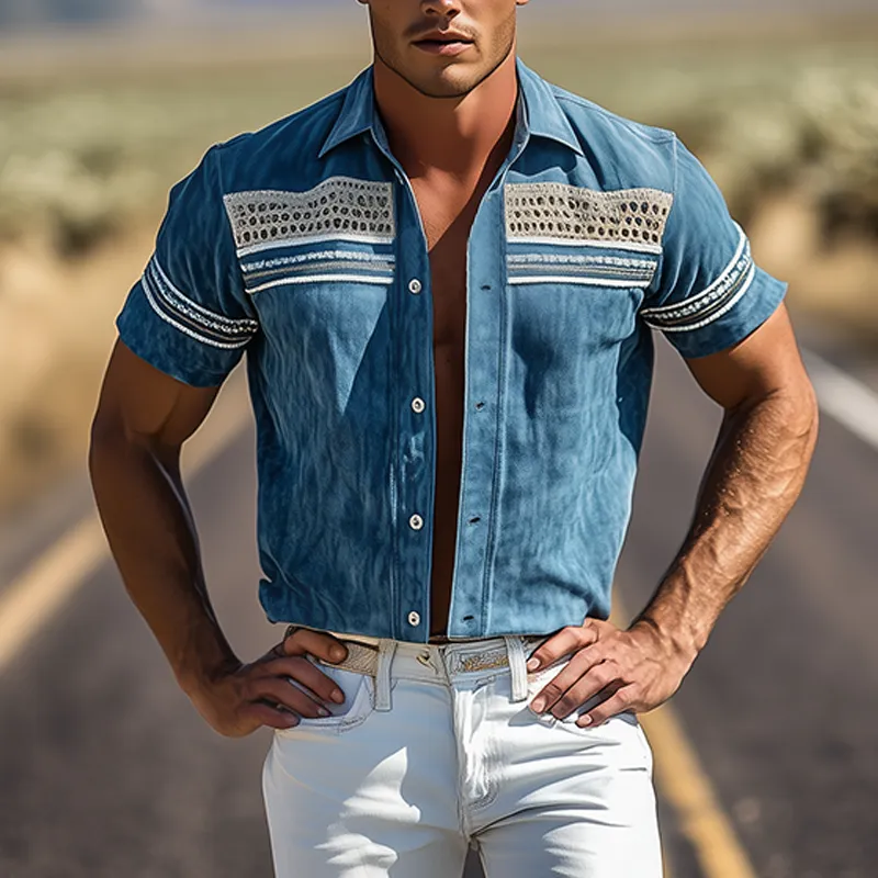 Men's Spring/Summer Suede Splicing Drop Mesh And Web Short Sleeve Shirt MTA3012F5K sold by Manly product image thumbnail 2