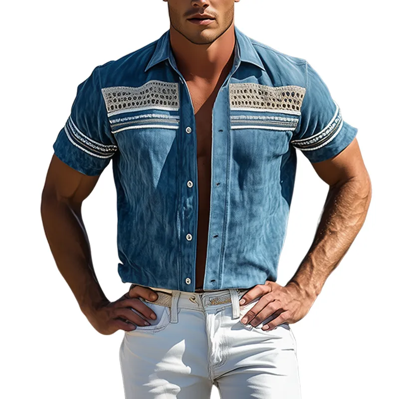 Men's Spring/Summer Suede Splicing Drop Mesh And Web Short Sleeve Shirt MTA3012F5K sold by Manly