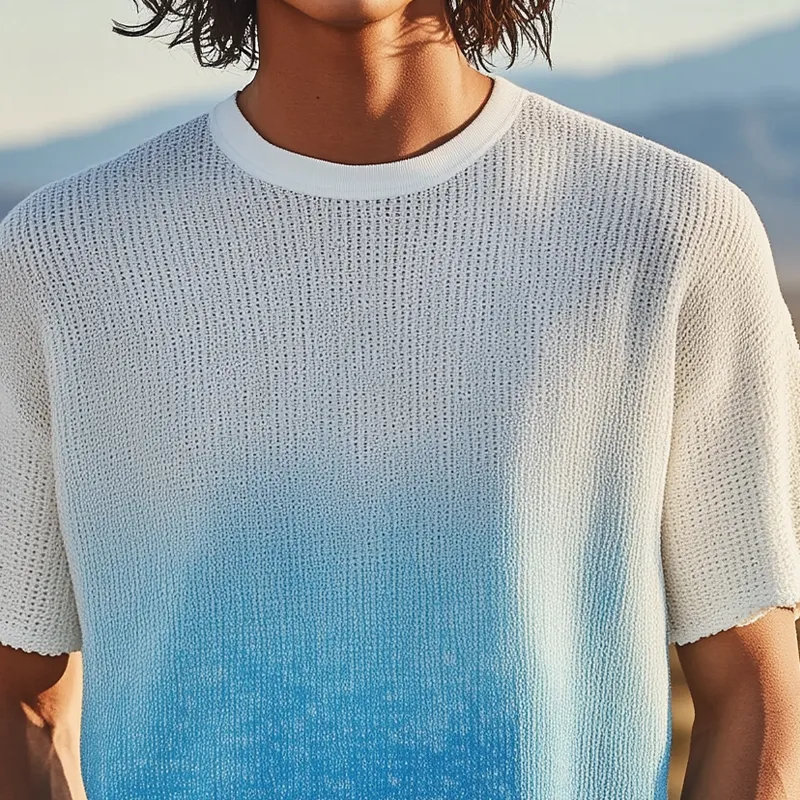 Men's Spring And Summer Fashion Casual Knitted Gradient Hanging Dye Round Neck Short-sleeved T-shirt MTA3043F7K sold by Manly product image thumbnail 4