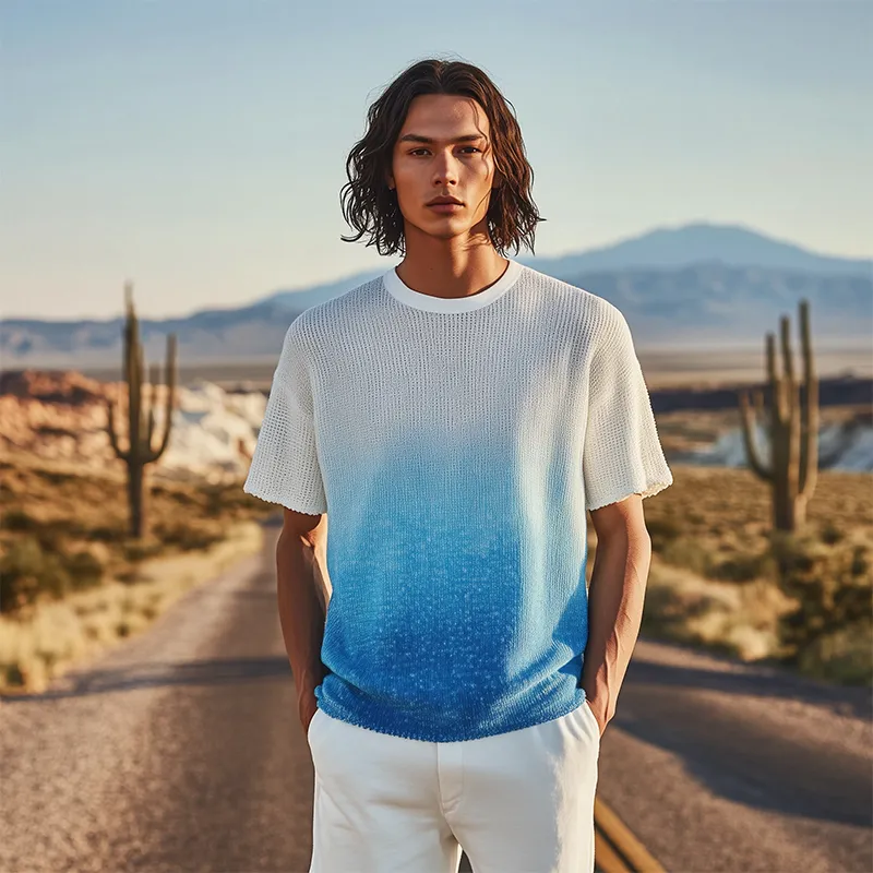 Men's Spring And Summer Fashion Casual Knitted Gradient Hanging Dye Round Neck Short-sleeved T-shirt MTA3043F7K sold by Manly product image thumbnail 3
