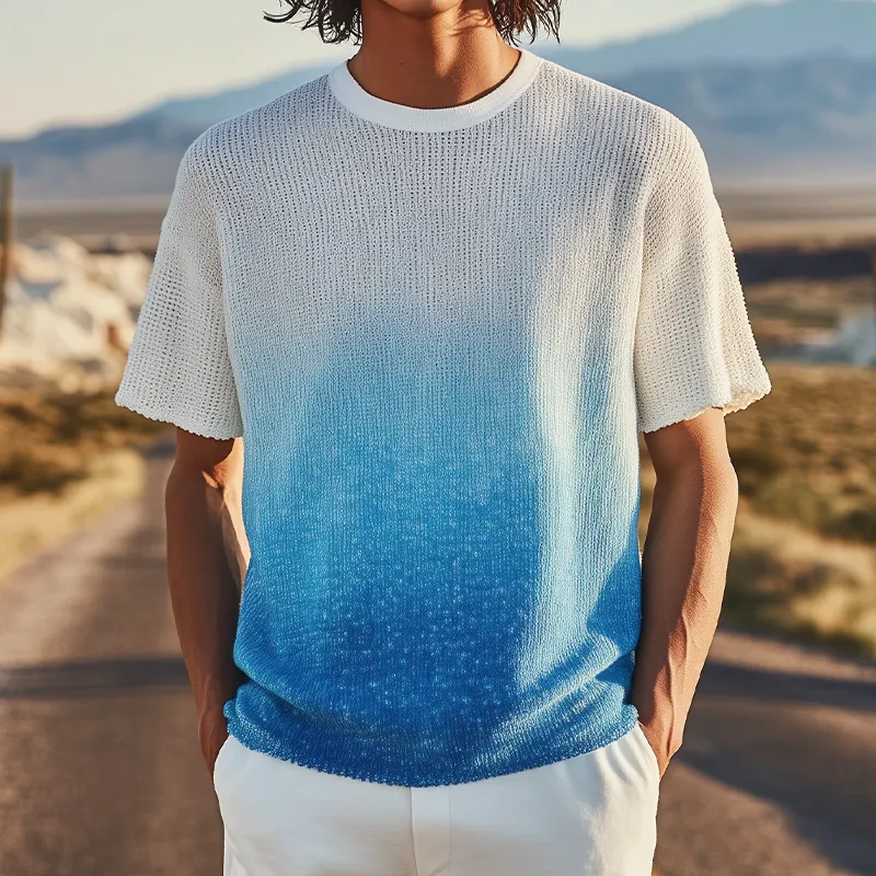Men's Spring And Summer Fashion Casual Knitted Gradient Hanging Dye Round Neck Short-sleeved T-shirt MTA3043F7K sold by Manly product image thumbnail 2